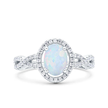 Halo Infinity Shank Ring Oval Lab Created White Opal 925 Sterling Silver